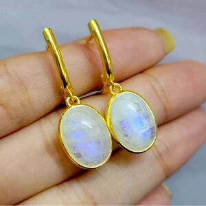 Gold tone 925 sterling silver precious stone moonstone dangle earrings